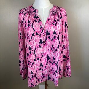 Lilly Pulitzer 100% Silk Pink & Black Long Sleeve Blouse w/ Mandarin Collar Sz S